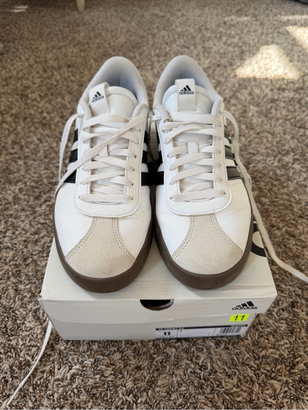adidas White Sneakers with Black Stripes and Brown Sole